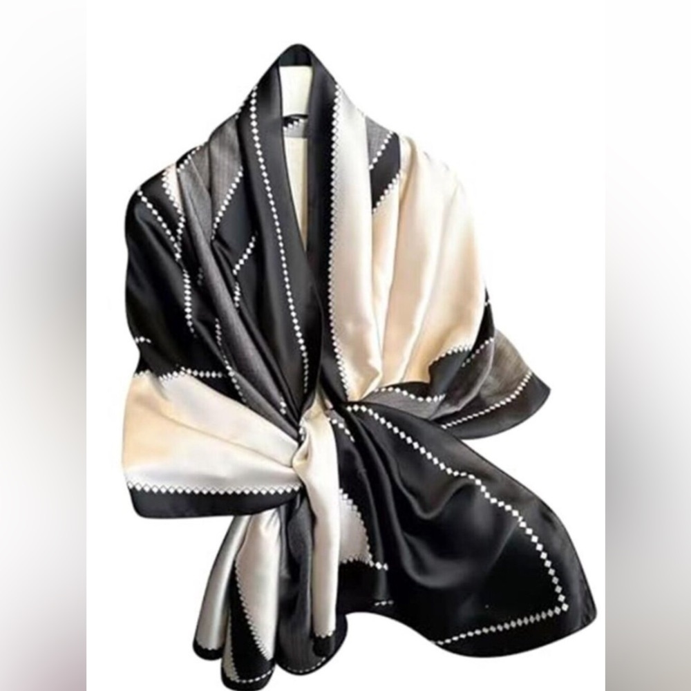 Elegant Silky Black & White Scarf Shawl Lightweight Floral Satin Scarf Trendy